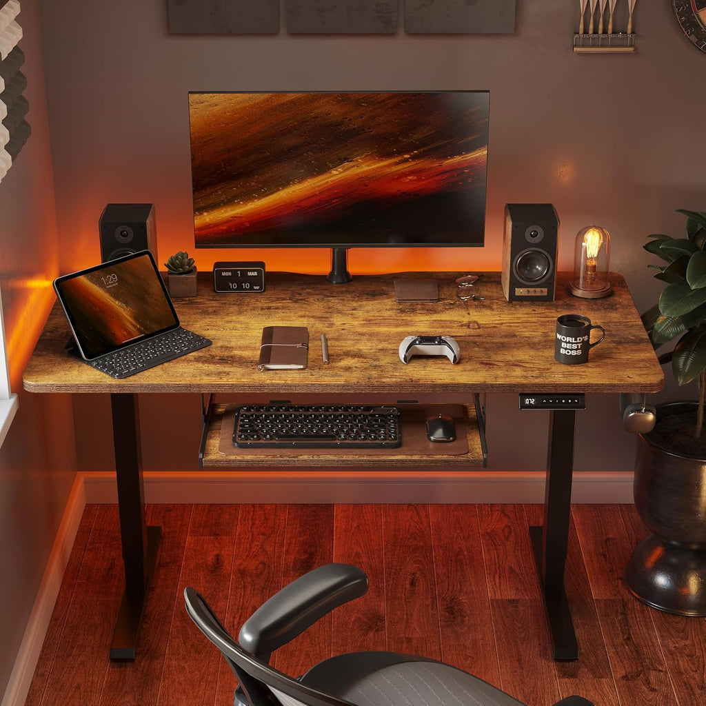 FEZIBO Standing Desk with Keyboard Tray, 60 x 24 Inch Adjustable Height Sit Stand Desk with Memory Presets for Home Office, Ergonomic Computer Workstation, Rustic Brown