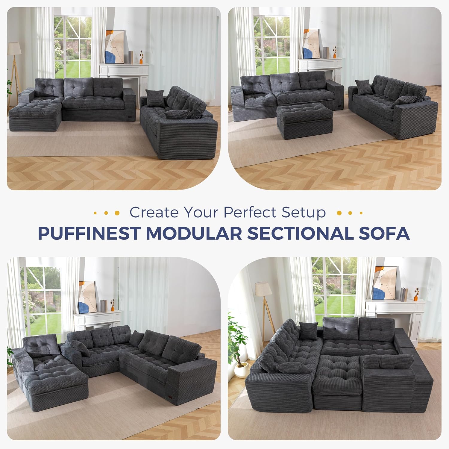 MAXYOYO Modular Sectional Sofa with Ottoman and Loveseat, Cloud Boneless Couch with Layered Cushion, Flexible Module Combination Sofa for Living Room, No Assembly Required,Dark Grey