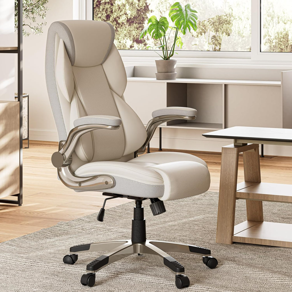 EUREKA ERGONOMIC Galene Executive Office Chair Flip Up Arm Rest, Ergonomic Desk Chair Faux Leather Computer Chair, High Back Office Chair with Headrest, Home Office Desk Chairs with Wheels, Beige