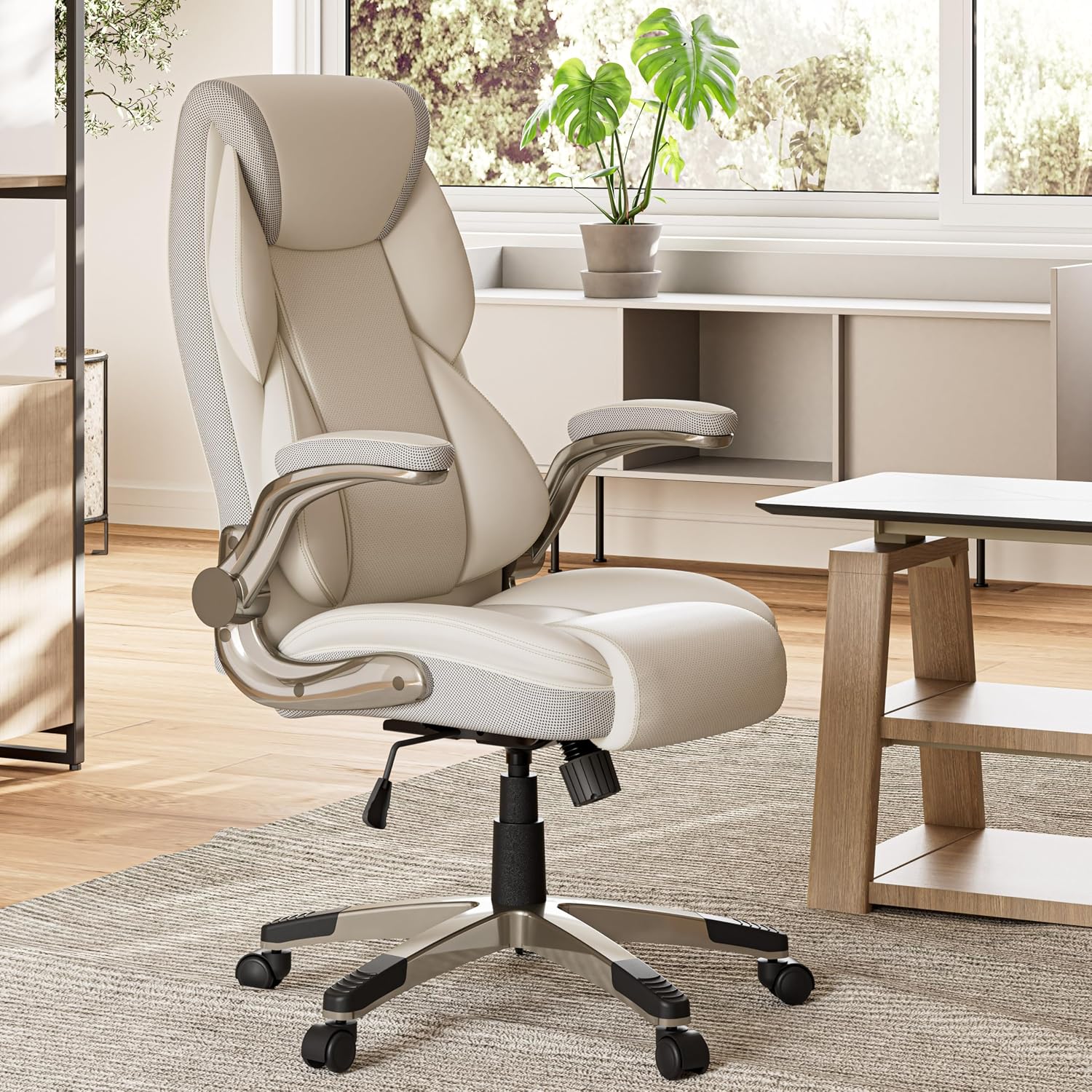 EUREKA ERGONOMIC Galene Executive Office Chair Flip Up Arm Rest, Ergonomic Desk Chair Faux Leather Computer Chair, High Back Office Chair with Headrest, Home Office Desk Chairs with Wheels, Beige