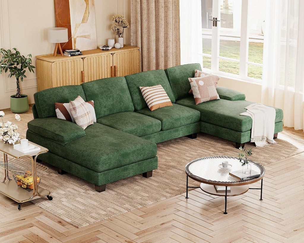 JUMMICO Sectional Couches for Living Room, U Shaped Couch with Chenille Fabric, 4 Seat Modern Sofa with Removable Pillows for Apartment and Small Space (Fabric, Green)