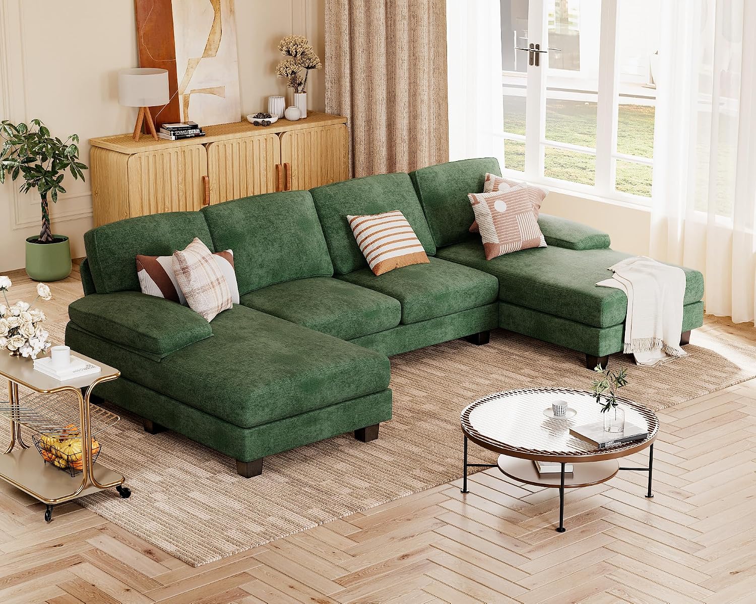 JUMMICO Sectional Couches for Living Room, U Shaped Couch with Chenille Fabric, 4 Seat Modern Sofa with Removable Pillows for Apartment and Small Space (Fabric, Green)