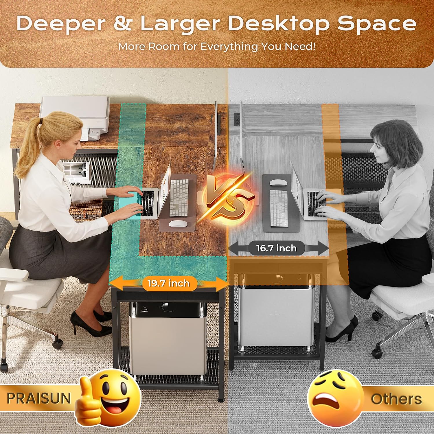 PRAISUN 55 Inch L Shaped Office Desk with Power Outlets and Type-C Port, Large Computer Gaming Desk with 3 Fabric Drawers, Mesh Shelves, Corner Study Work Writing Desk, Rustic Brown