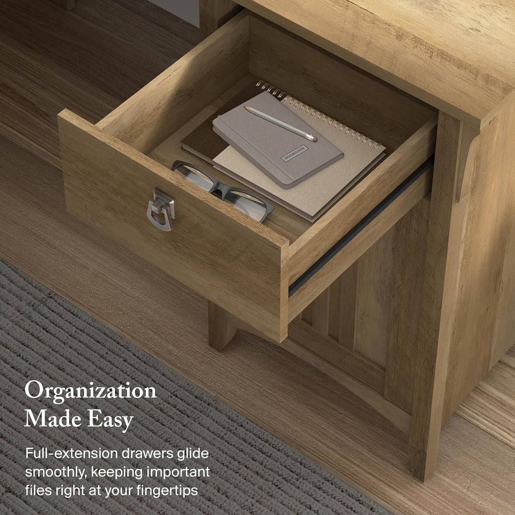 Bush Home L Shaped Desk with Storage for Home Office, Modern Farmhouse Corner Table with Drawers and Cabinets, Salinas Collection, Reclaimed Pine