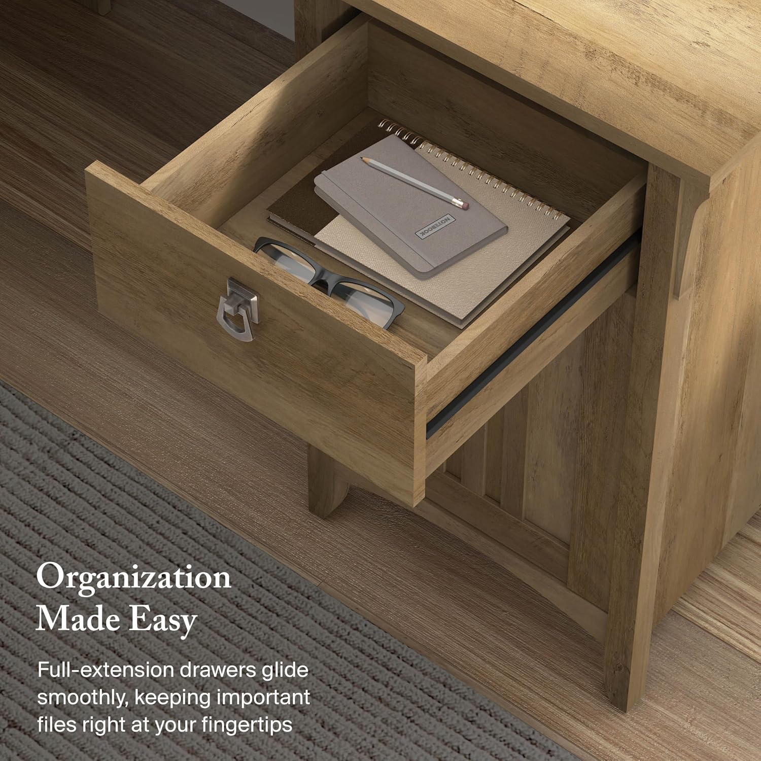 Bush Home L Shaped Desk with Storage for Home Office, Modern Farmhouse Corner Table with Drawers and Cabinets, Salinas Collection, Reclaimed Pine