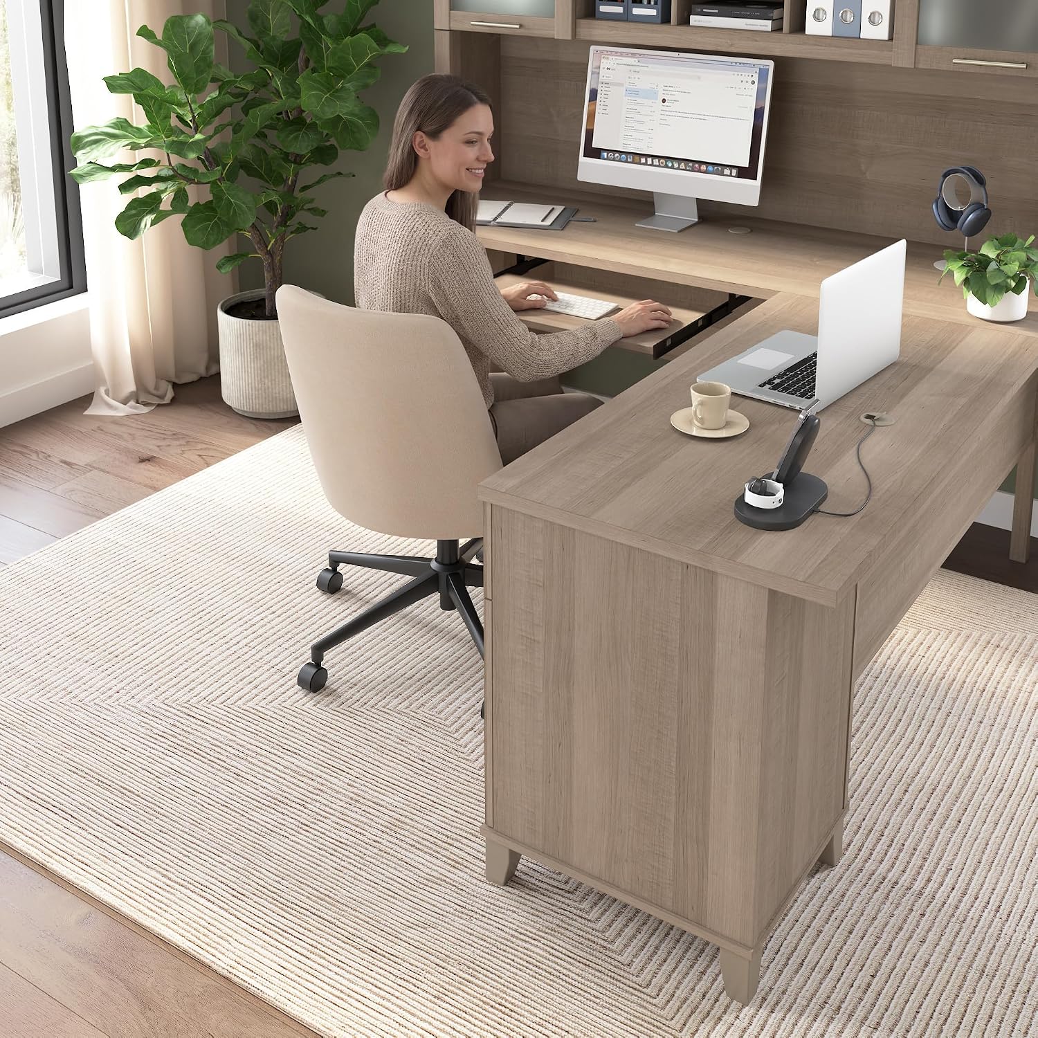 Bush Home 72-Inch L-Shaped Desk with Hutch, Corner Computer Office Desk with File and Box Drawers, Shelves and Storage Cabinet, Home Office Workstation, Somerset Collection, Ash Gray