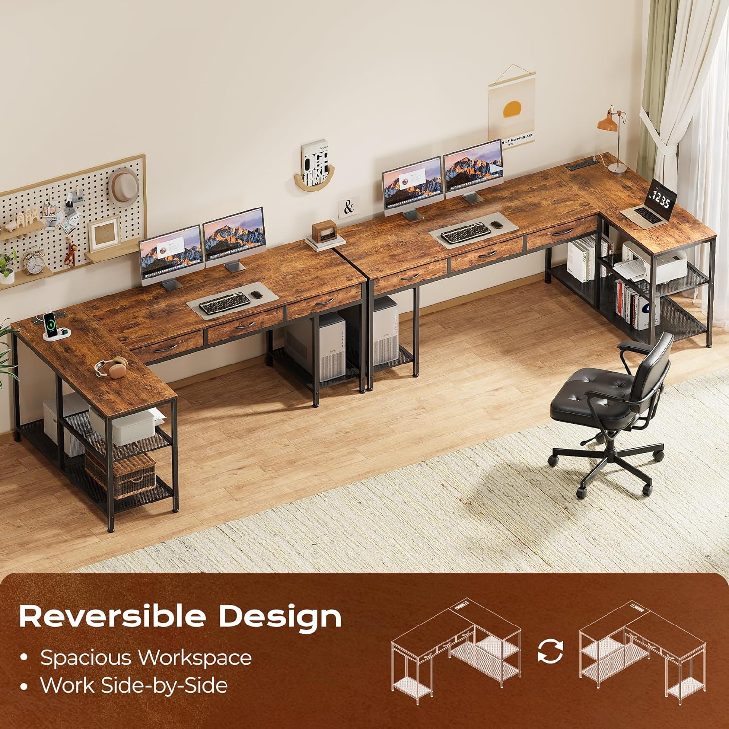 PRAISUN 63 Inch L Shaped Office Desk with Power Outlets and Type-C Port, Large Computer Gaming Desk with 3 Fabric Drawers, Mesh Shelves, Corner Study Work Writing Desk, Rustic Brown