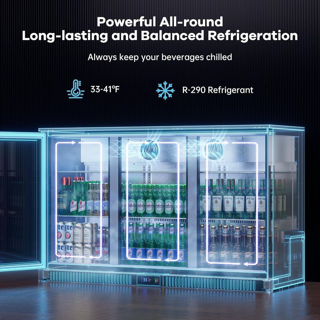 Coolski 53 Inch Beverage Refrigerator with 3 Doors, Commercial Back Bar Cooler for Beer Soda, Undercounter Display Fridge for Bar Restaurant Home, 12 Cu.Ft. LED Lighting ETL NSF Approved