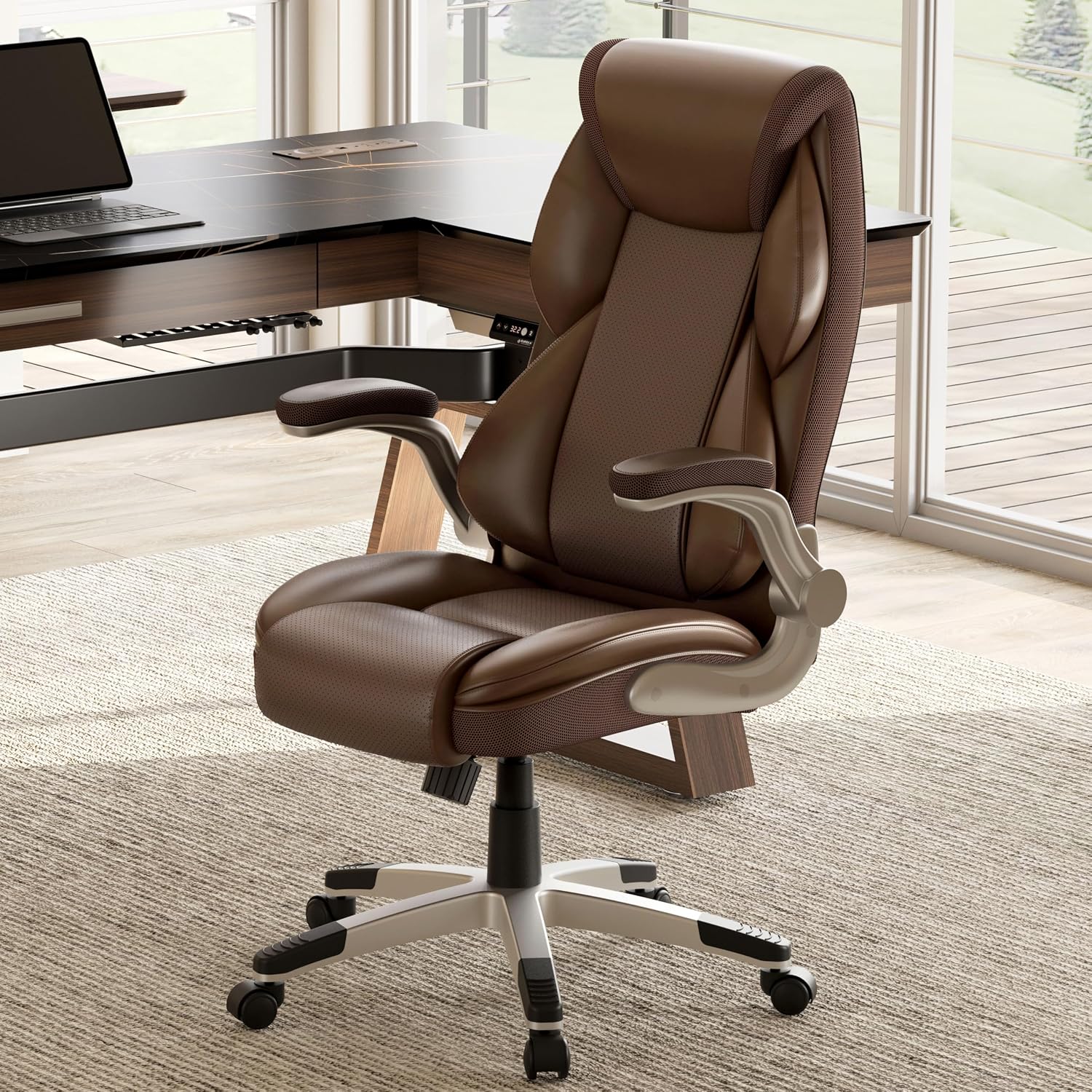 EUREKA ERGONOMIC Galene Executive Office Chair Flip Up Arm Rest, Ergonomic Desk Chair Faux Leather Computer Chair, High Back Office Chair with Headrest, Home Office Desk Chairs with Wheels, Brown