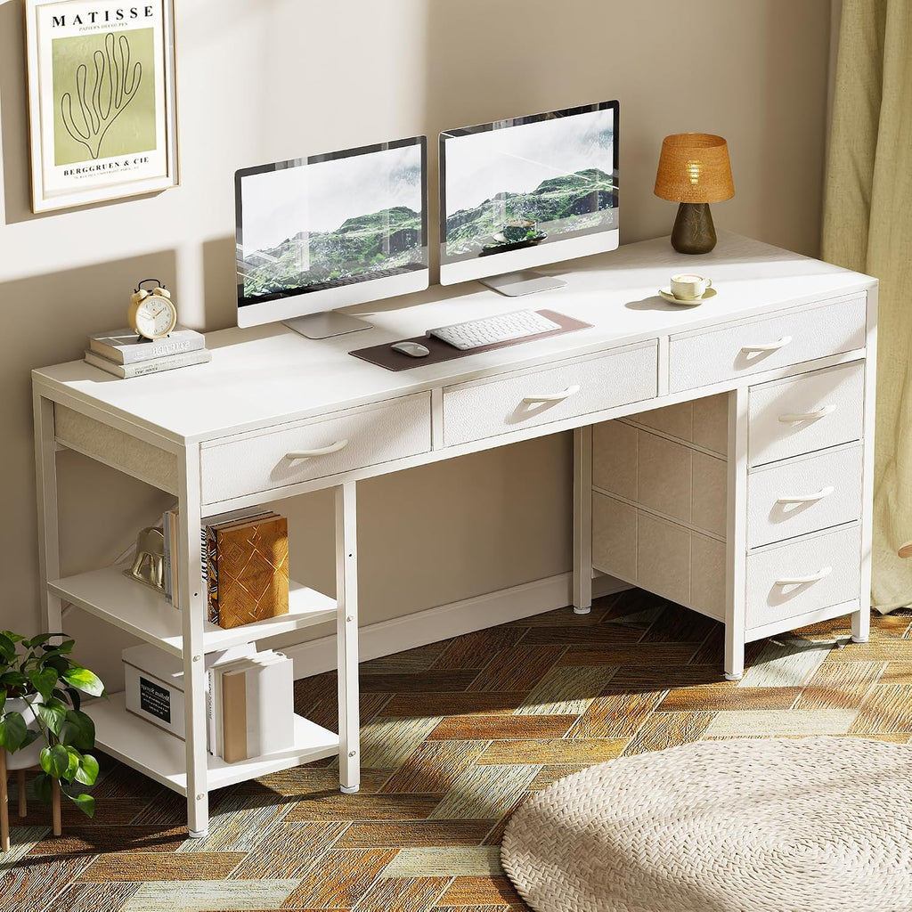 Huuger Computer Desk with 6 Drawers, Office Desk with Shelves, Reversible Gaming Desk, Corner Desk with Storage, Work for Home Office, Study, Living Room, 54inch, White