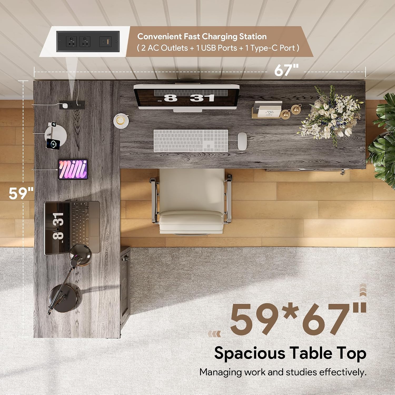 Decofy L Shaped Farmhouse Executive Desk with Drawers, 67' Home Office Desks with Fast Charging Station, Lockable File Cabinet, Wood Writing Computer Desk for Work, Study, Grey