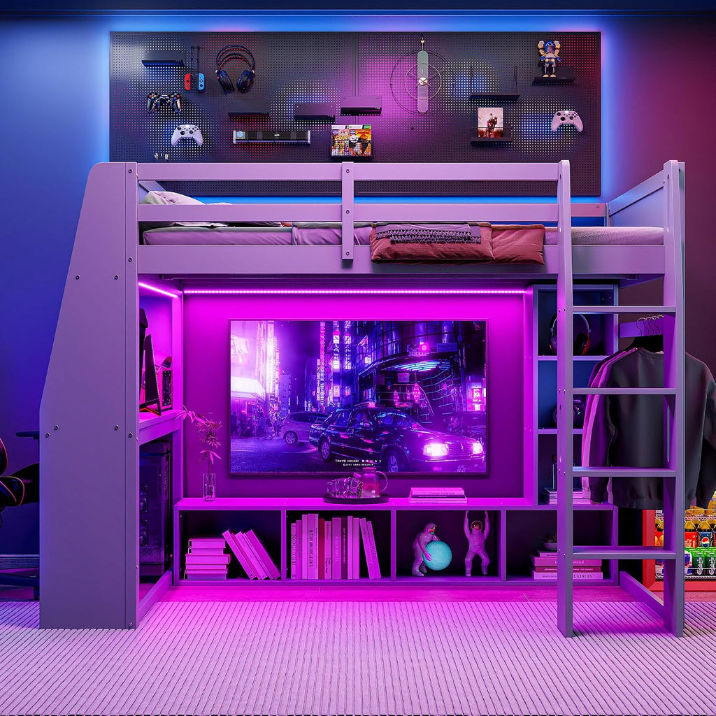 VilroCaz Modern Full Size Gaming Loft Bed with Desk and Multi-Storage Shelves, Wood Loft Bed Frame with Workstation and a Hanging Clothes Rack, Maximize Space Saving (Full)