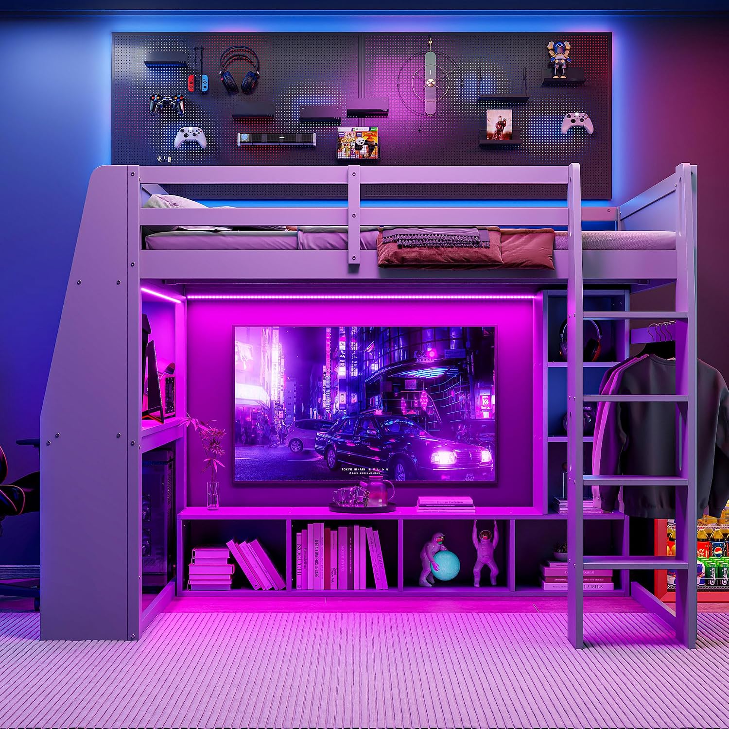 VilroCaz Modern Full Size Gaming Loft Bed with Desk and Multi-Storage Shelves, Wood Loft Bed Frame with Workstation and a Hanging Clothes Rack, Maximize Space Saving (Full)