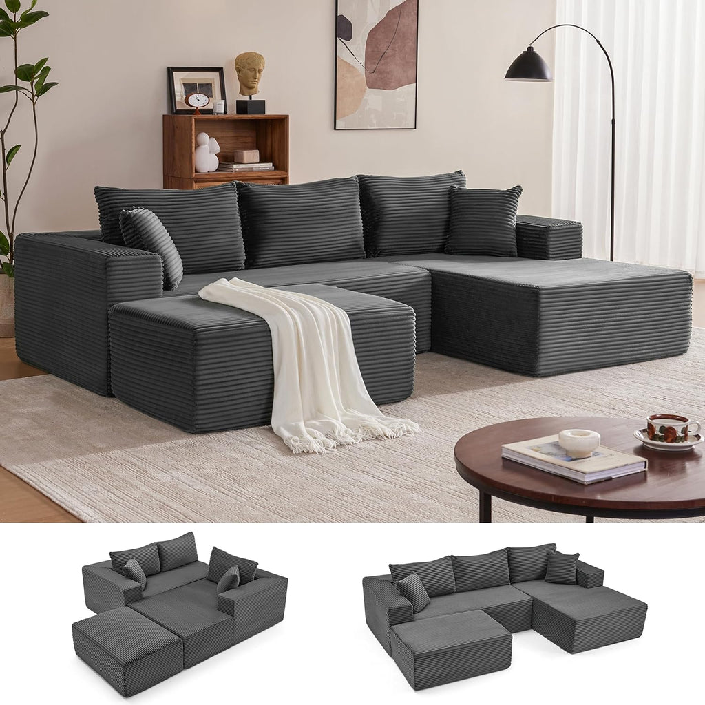 Mangodan 110' Cloud Sectional Couch, Boneless Sofa for Living Room, Modular Sectional Sofa with Deep Seat, Comfy Fluffy U-Shaped Couch with Right-Facing Chaise, No Assembly Required, Grey