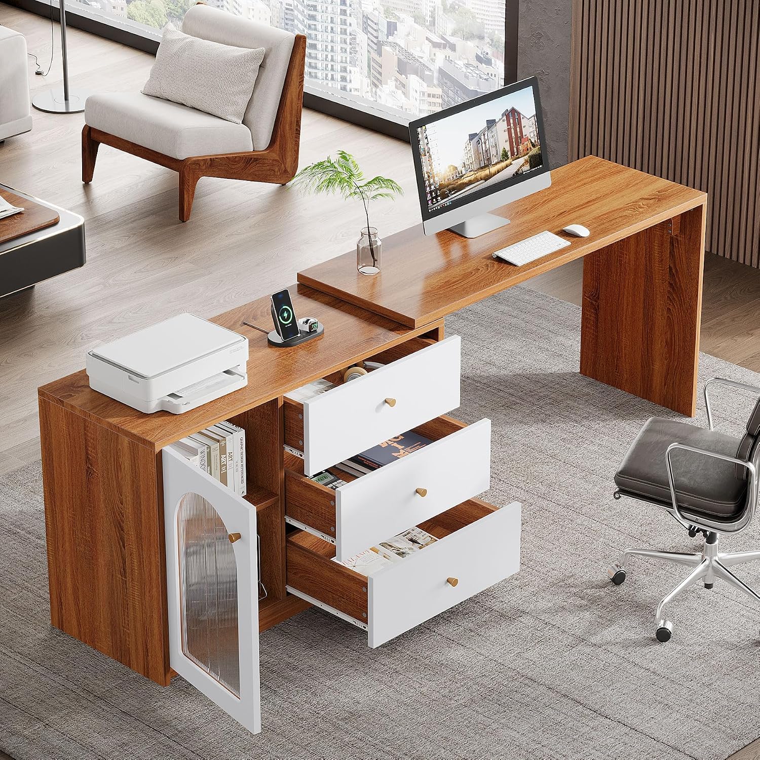 Tribesigns L Shaped Computer Desk with Drawers, Modern Corner Home Office Desk with Reversible Storage Cabinet, Long Study Writing Desk Workstation for Home Office, Rustic Brown