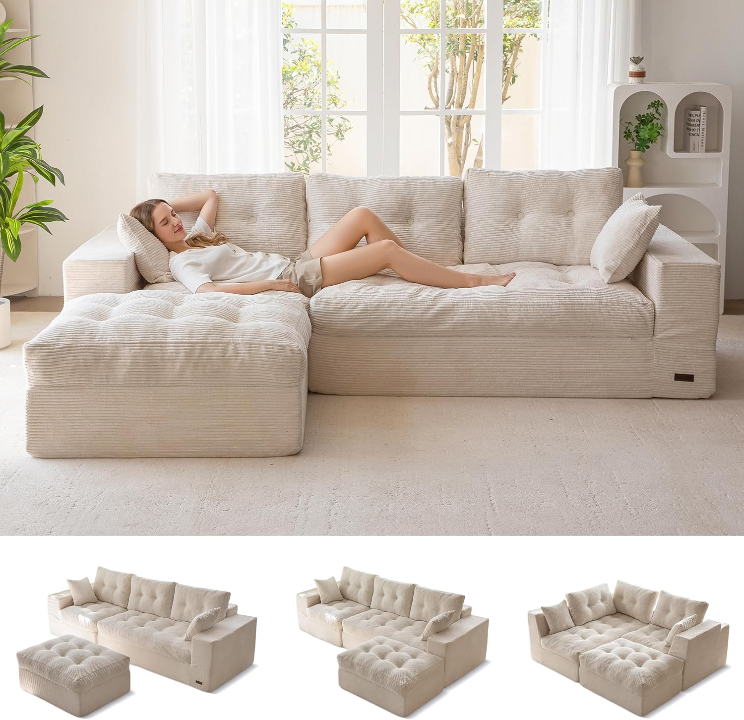 MAXYOYO 104' L Shaped Modular Sectional Sofa with Ottoman, Cloud Boneless Couch with Layered Cushion, Upholstered Sofa Flexible Module Combination for Living Room, No Assembly, Beige