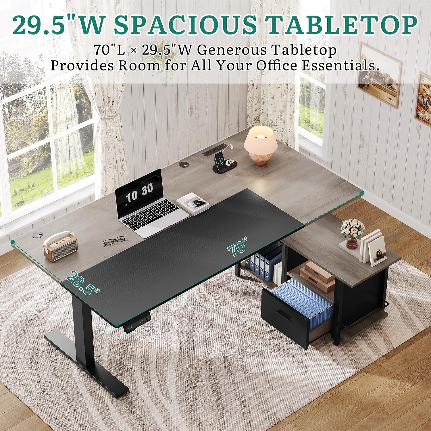 YITAHOME L Shaped Standing Desk with Power Outlets, 70.1' Electric Standing Desk Adjustable Height Sit Stand Corner Standing Desks Executive Desk with Drawers & Shelves, Grey + Black