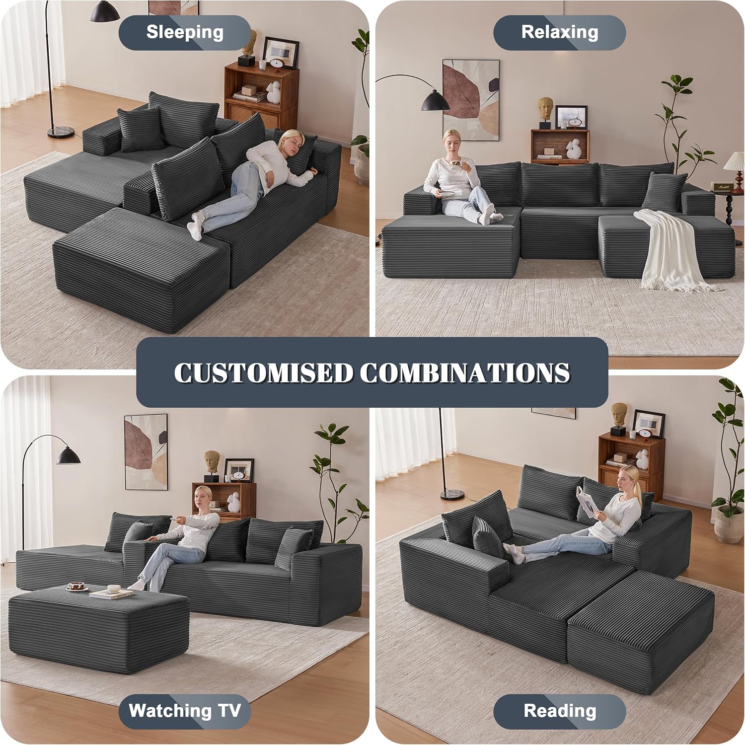 Mangodan 110' Cloud Sectional Couch, Modular Sectional Sofa with Deep Seat, Boneless Sofa for Living Room, Fluffy Comfy U-Shaped Couch with Left Facing Chaise, No Assembly Required, Grey