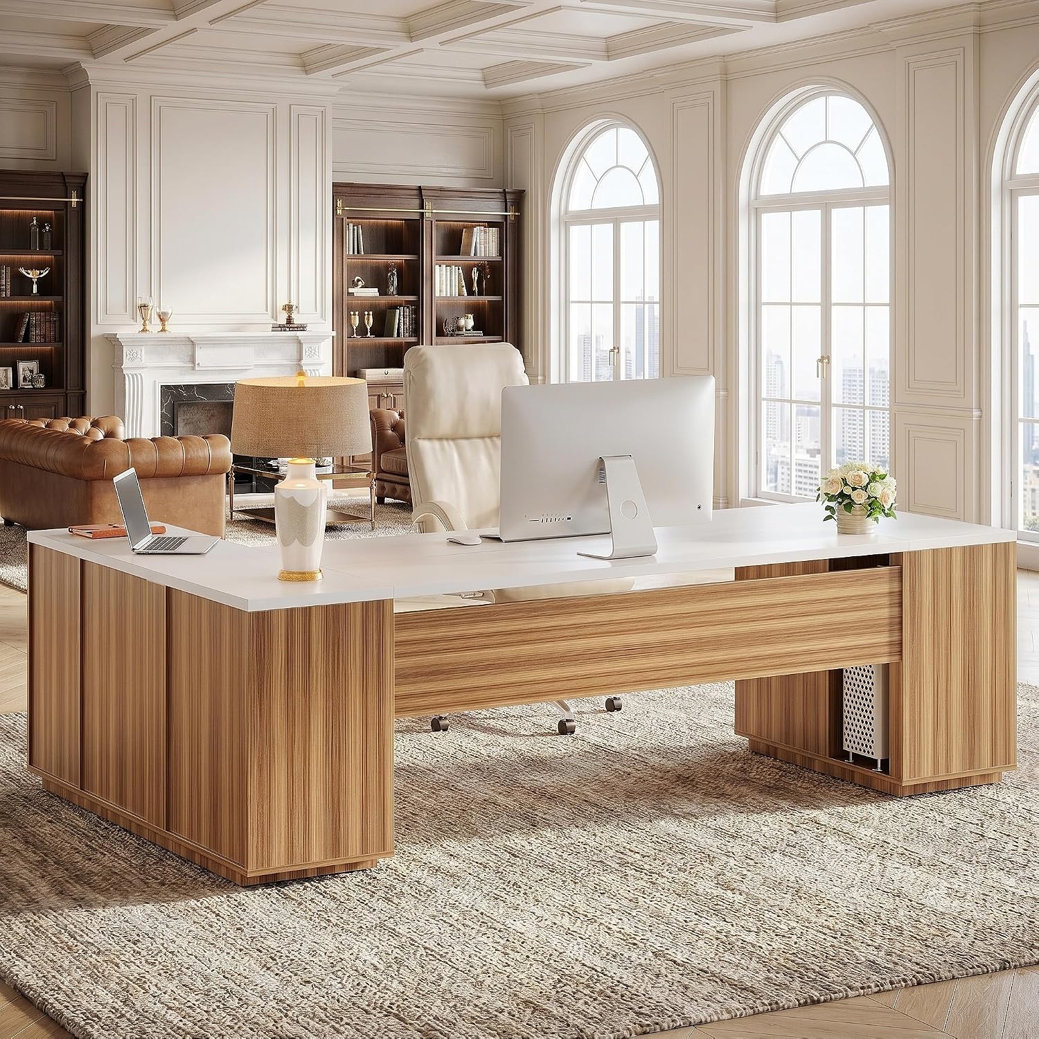Tribesigns 85.8-Inch L-Shaped Executive Desk with File Drawers, Door Cabinet & Shelves, Extra Large Commercial Office Desk, Modern Professional Office Table, White & Brown Business Furniture