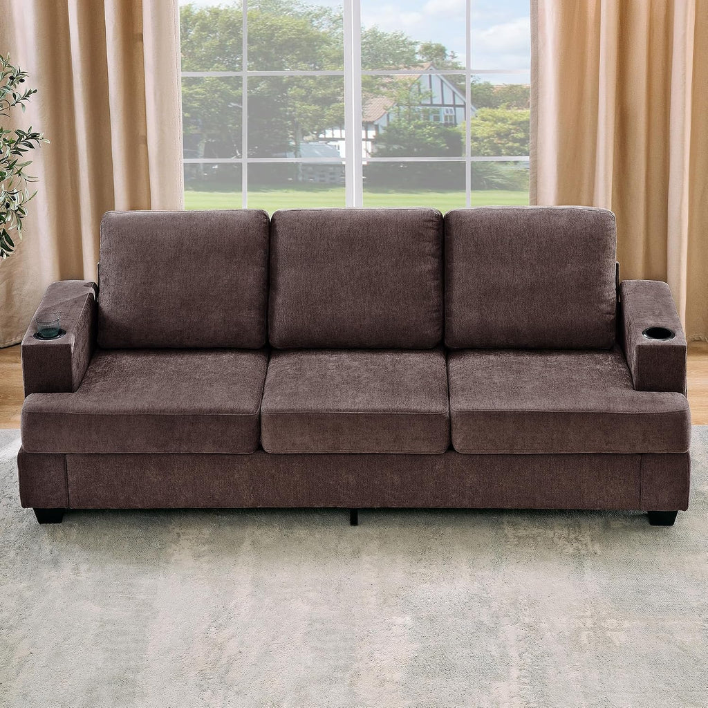 GarveeHome Modern 89 in 3-Seater Sofa for Living Room, Comfy Couches with Deep Seat, Chenille Couch with Cup Holders and Side Storage Pockets for Apartment Lounge, Brown