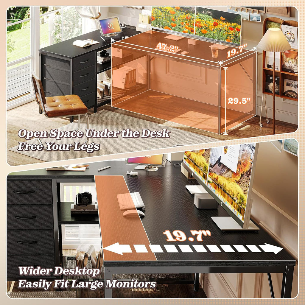 PRAISUN 61' L Shaped Desk with Power Outlets and USB-C Port, Reversible Computer Corner Office Desk with 4 Fabric Drawers and 2 Height-Adjustable Shelves, Large for Gaming Writing Work Study, Black
