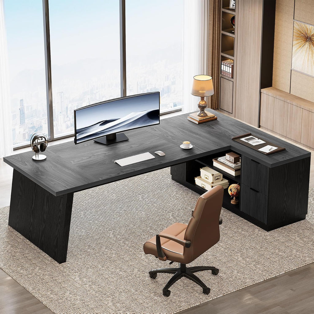 Tribesigns 78' L Shaped Desk with Drawers, Lage Office Desk with Storage Shelves, Modern Corner Computer Desk for Home Office (Gray and Black)
