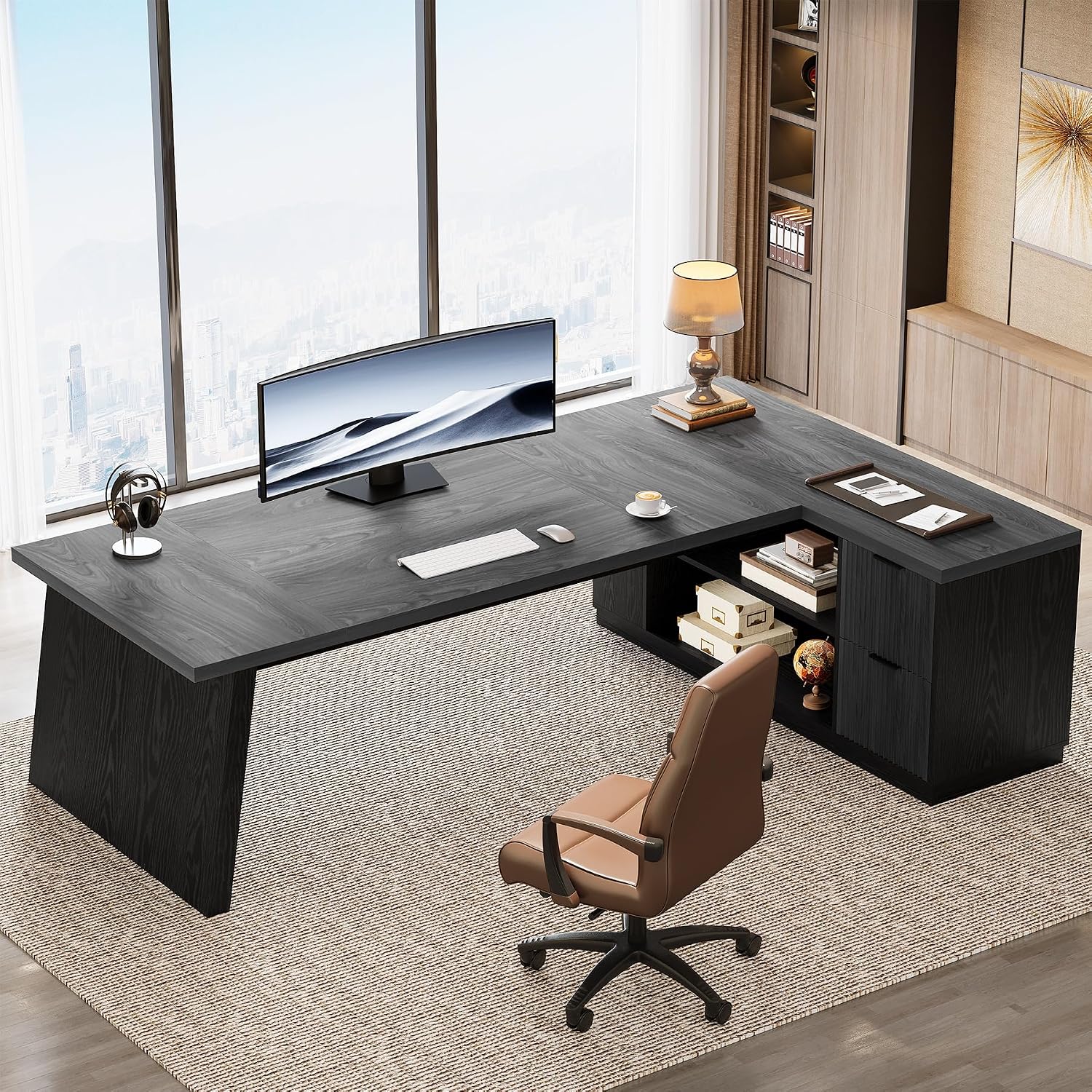 Tribesigns 78' L Shaped Desk with Drawers, Lage Office Desk with Storage Shelves, Modern Corner Computer Desk for Home Office (Gray and Black)