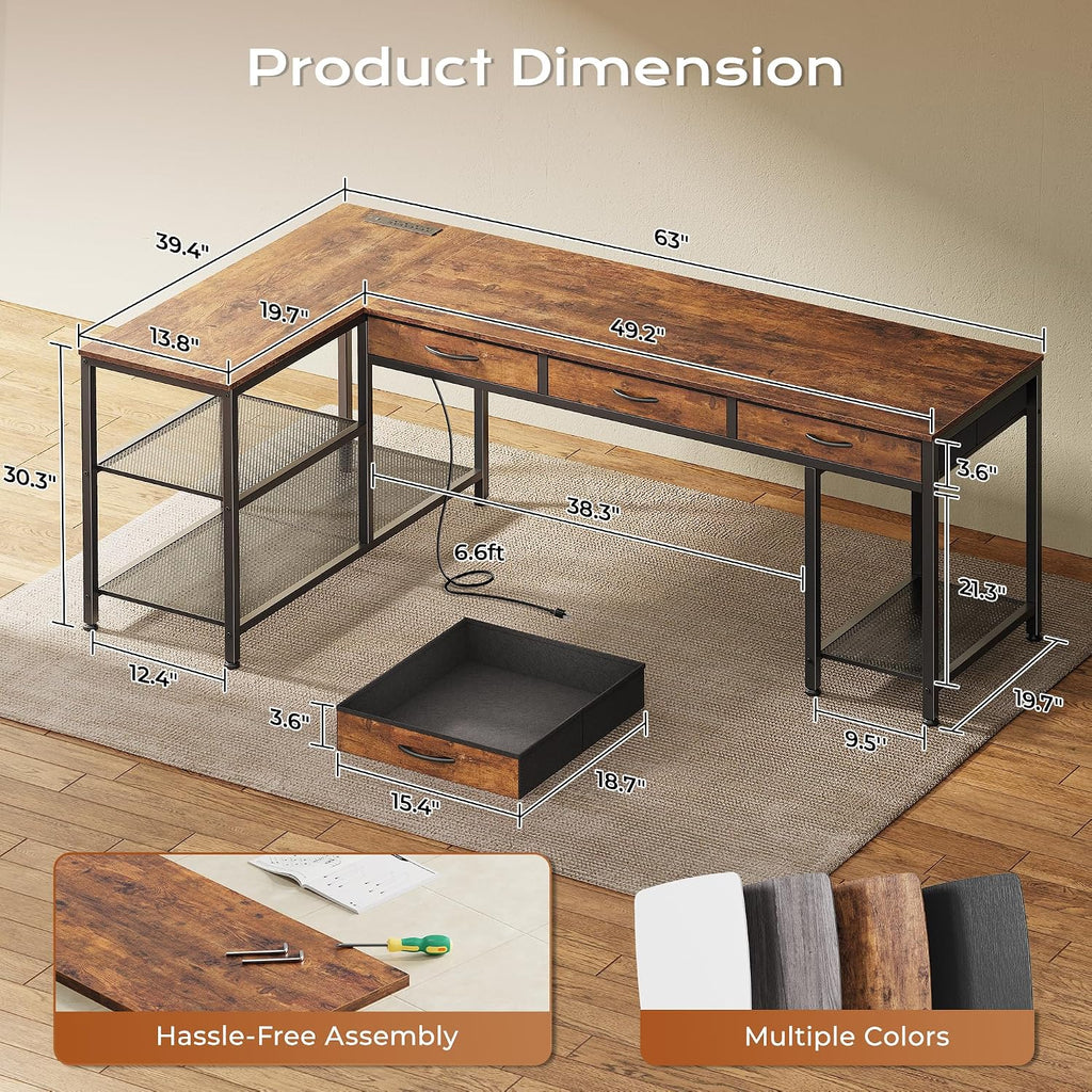 PRAISUN 63 Inch L Shaped Office Desk with Power Outlets and Type-C Port, Large Computer Gaming Desk with 3 Fabric Drawers, Mesh Shelves, Corner Study Work Writing Desk, Rustic Brown