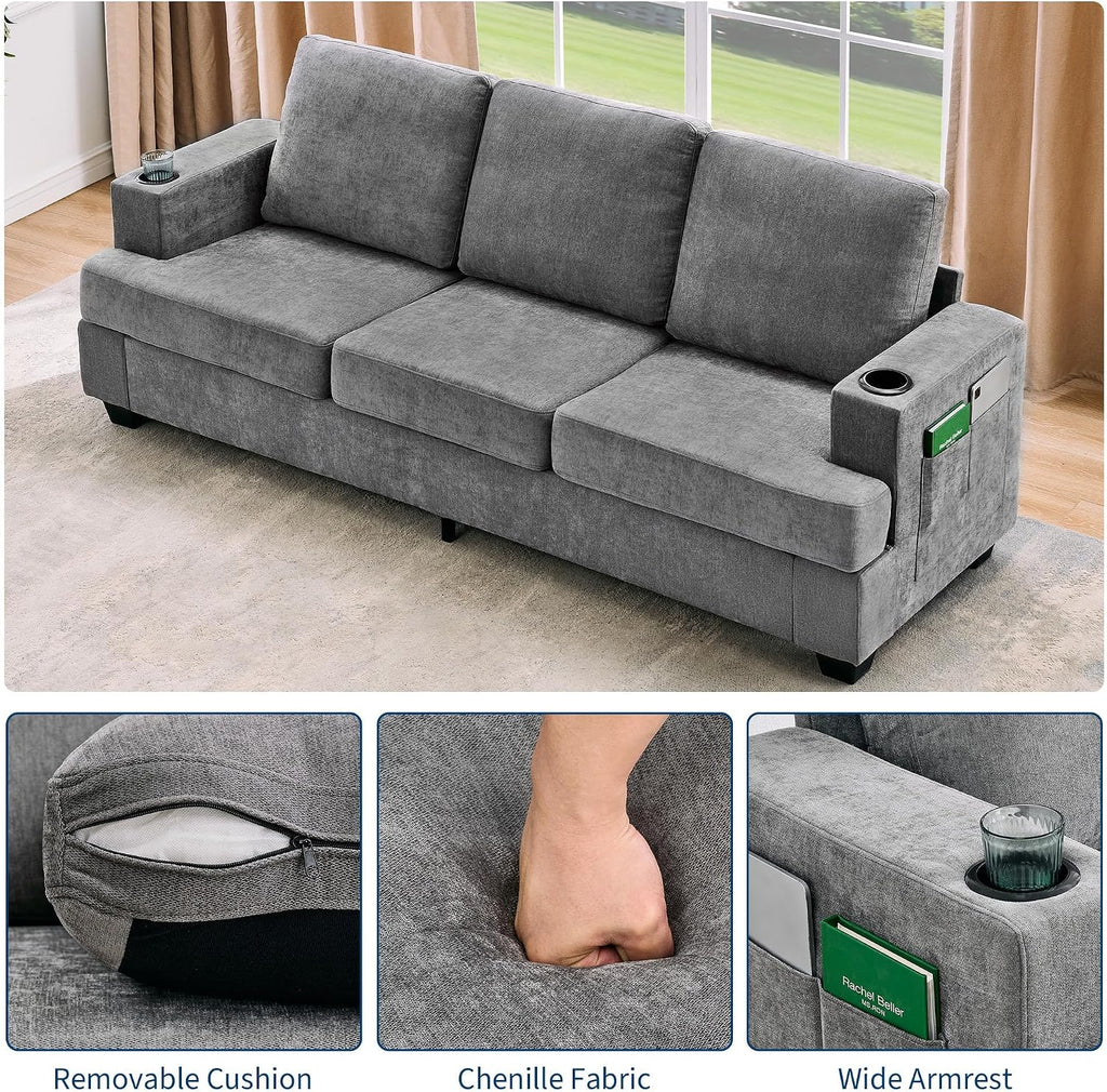 GarveeHome Modern 89 in 3-Seater Sofa for Living Room, Comfy Couches with Deep Seat, Chenille Couch with Cup Holders and Side Storage Pockets for Apartment Lounge, Grey
