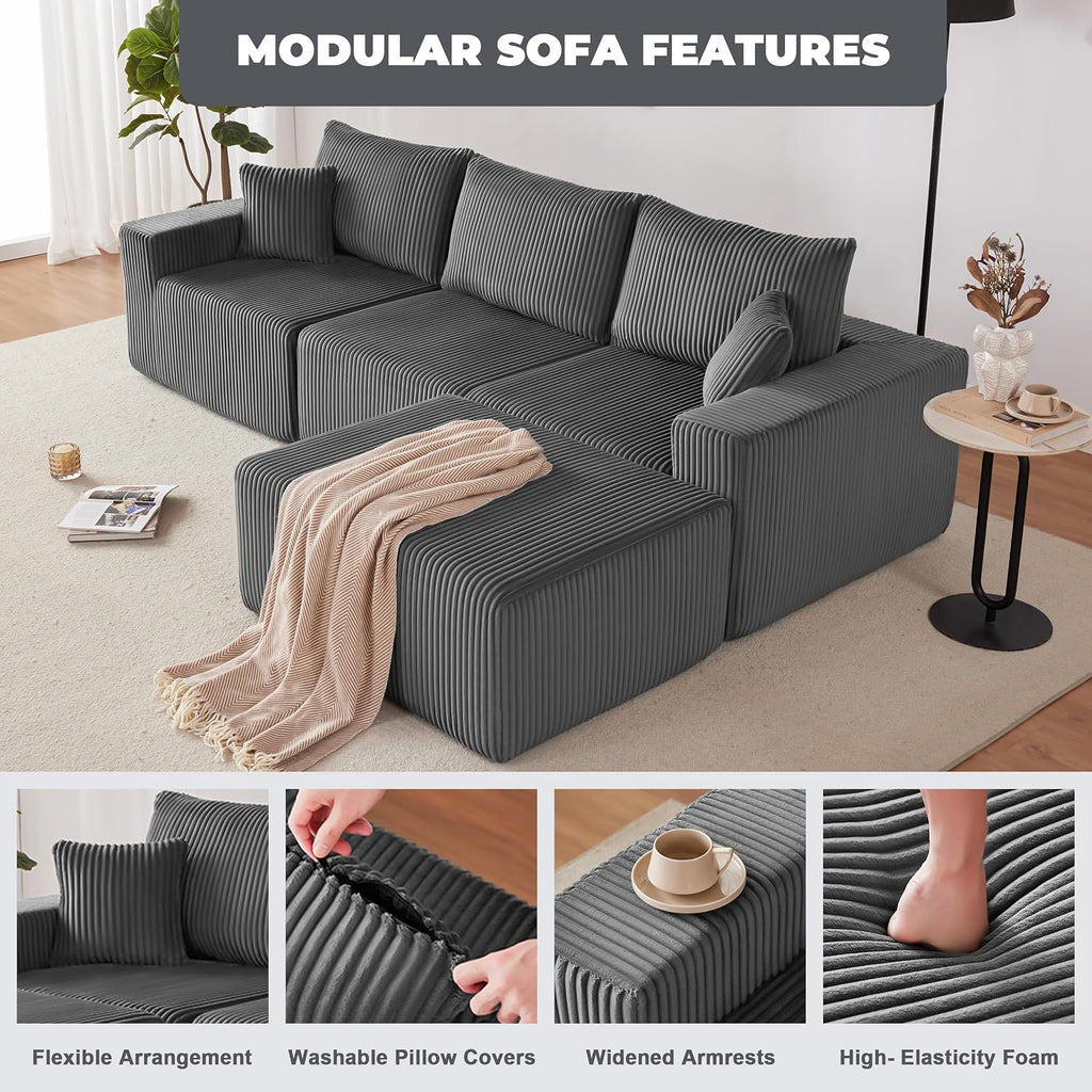 Weture 107' Modular Sectional Sofa, L-Shaped Boneless Couch with Deep Seat, Cozy Cloud Couch Sectional with Convertible Ottoman, Modern Sectional Couches for Living Room, No Assembly, Darkgray