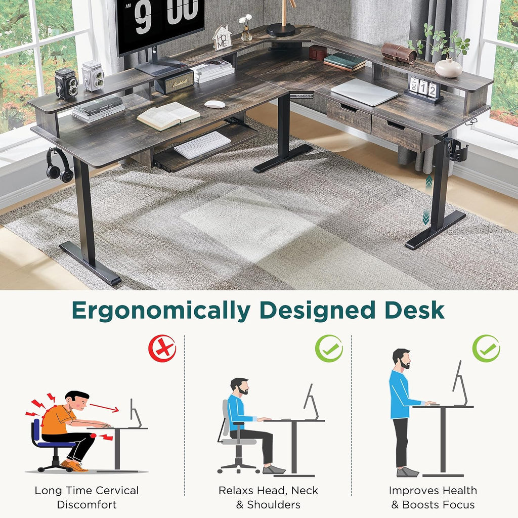 RedLemon 75X60 Inches L Shaped Electric Standing Desk,Height Adjustable Corner Gaming Desk with Drawers, Keyboard Tray, Power Outlets & LED Lights, Computer Desk with Monitor Shelf, Dark Rustic Oak