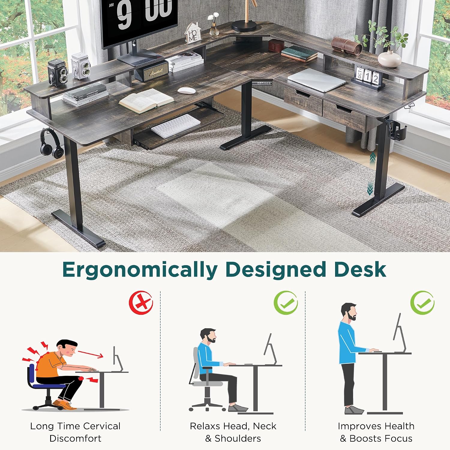 RedLemon 75X60 Inches L Shaped Electric Standing Desk,Height Adjustable Corner Gaming Desk with Drawers, Keyboard Tray, Power Outlets & LED Lights, Computer Desk with Monitor Shelf, Dark Rustic Oak