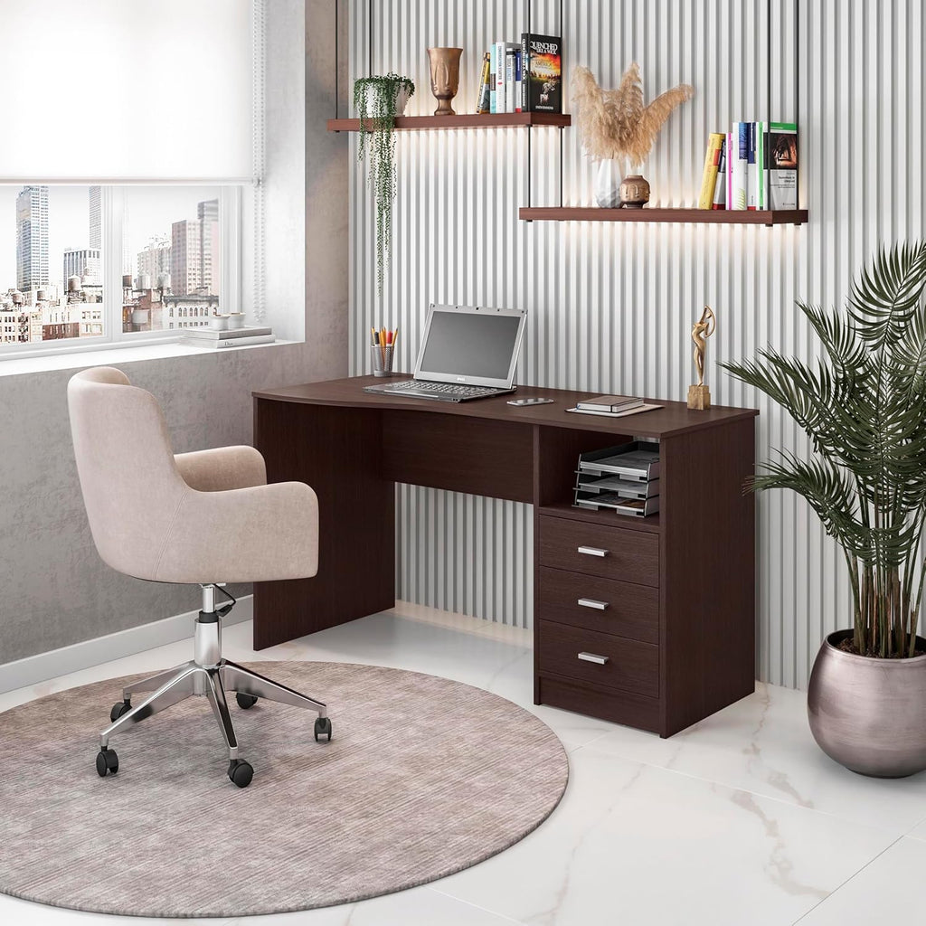 Techni Mobili 51' Classic Computer Desk with Drawers, 3-Drawer Home Office Desk with Storage (Brown)