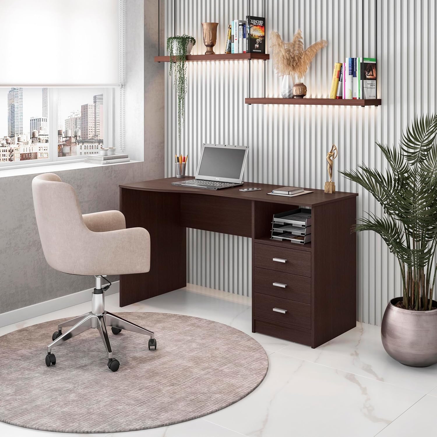 Techni Mobili 51' Classic Computer Desk with Drawers, 3-Drawer Home Office Desk with Storage (Brown)
