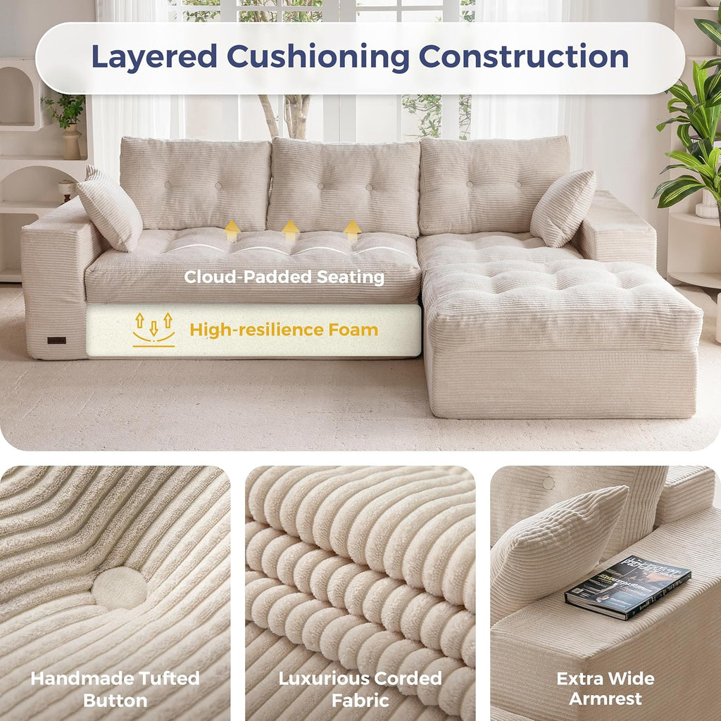 MAXYOYO 104' L Shaped Modular Sectional Sofa with Ottoman, Cloud Boneless Couch with Layered Cushion, Upholstered Sofa Flexible Module Combination for Living Room, No Assembly, Beige