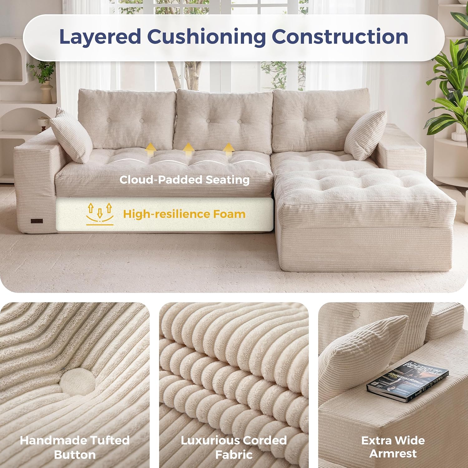 MAXYOYO 104' L Shaped Modular Sectional Sofa with Ottoman, Cloud Boneless Couch with Layered Cushion, Upholstered Sofa Flexible Module Combination for Living Room, No Assembly, Beige