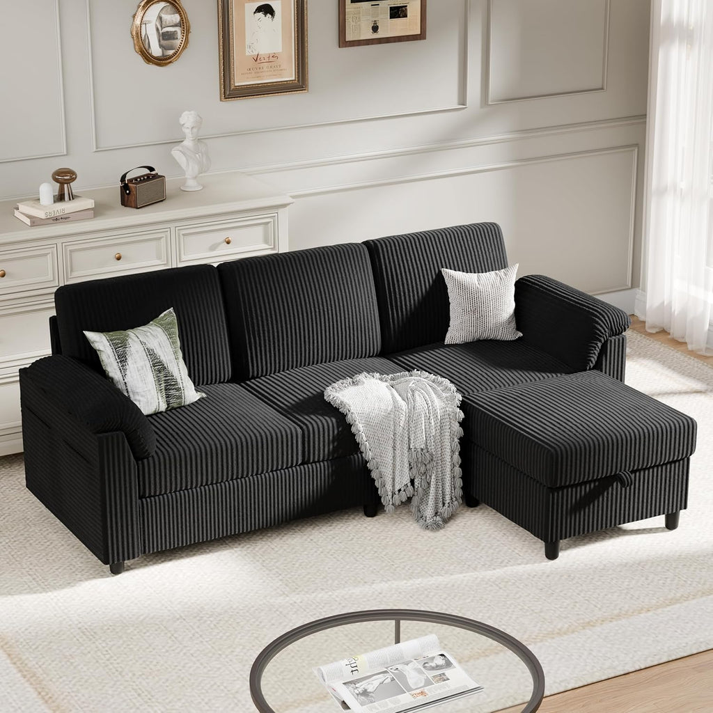 Sectional Sofa Couch for Living Room, 79' Sectional Couches with Ottoman, L Shaped Couch with Armrests Side Storage Pockage, 3-Seat Sofa Couches for Apartment, Black