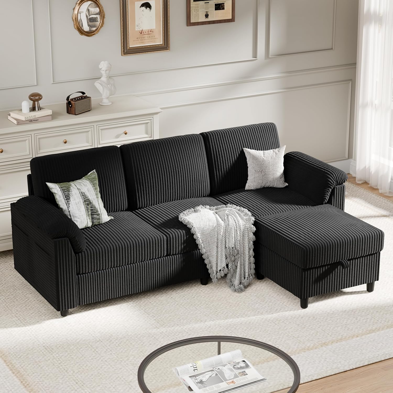 Sectional Sofa Couch for Living Room, 79' Sectional Couches with Ottoman, L Shaped Couch with Armrests Side Storage Pockage, 3-Seat Sofa Couches for Apartment, Black