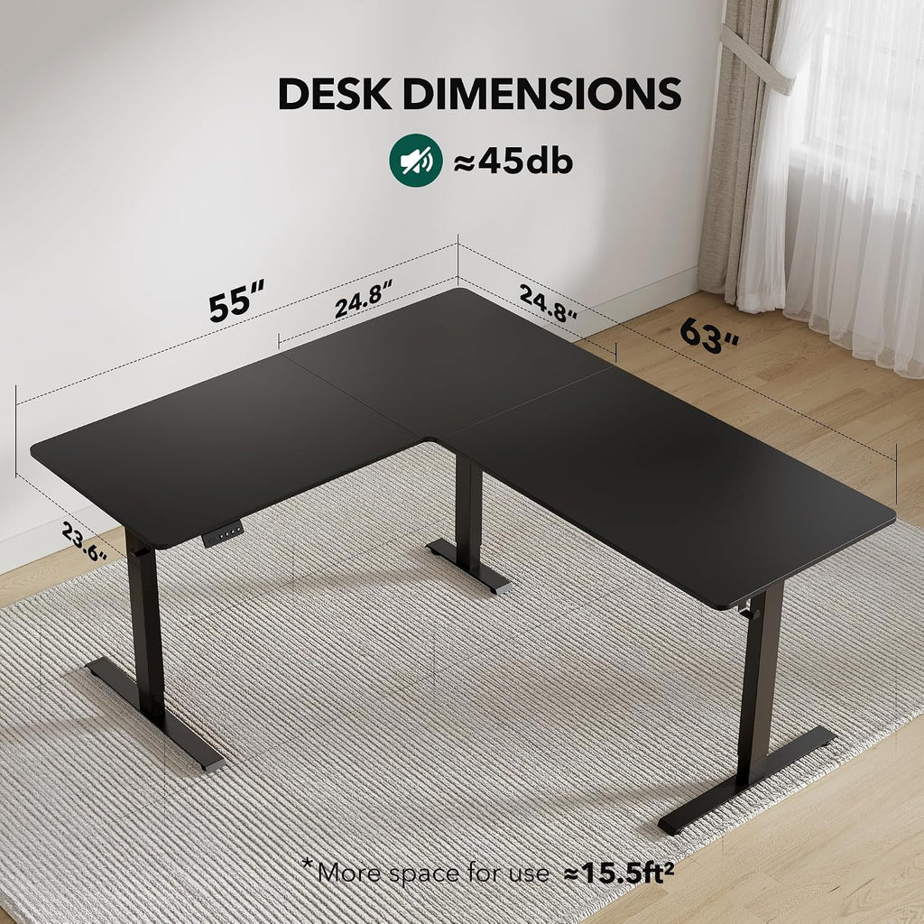 FEZIBO 63' x 55'L Shaped Standing Desk Adjustable Height, 63 Inch Electric Stand up Corner Computer Desk, Sit Stand Home Office Desk with Splice Board, Black