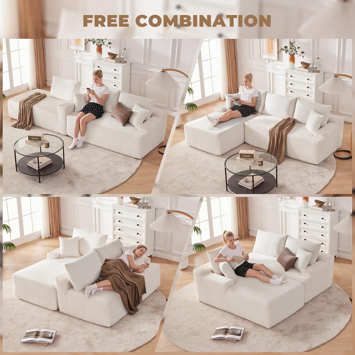 Mangodan Cloud Sectional Sofa, Boneless Couch for Living Room, Modular Sectional Sofa with Deep Seat, Fluffy Comfy Couch with L-Shaped Chaise, No Assembly Required, Beige
