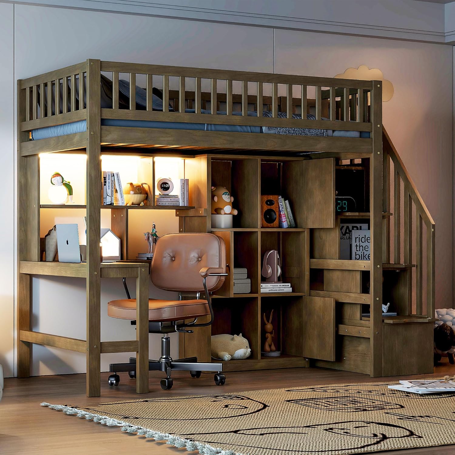 MERITLINE Twin Loft Bed with L-Shaped Desk and Storage Stairs, Solid Wood Loft Bed with LED Lights,Storage Shelves and Cabinets,Stairway Bed Frame with Bookshelves for Teens Adults (Walnut)