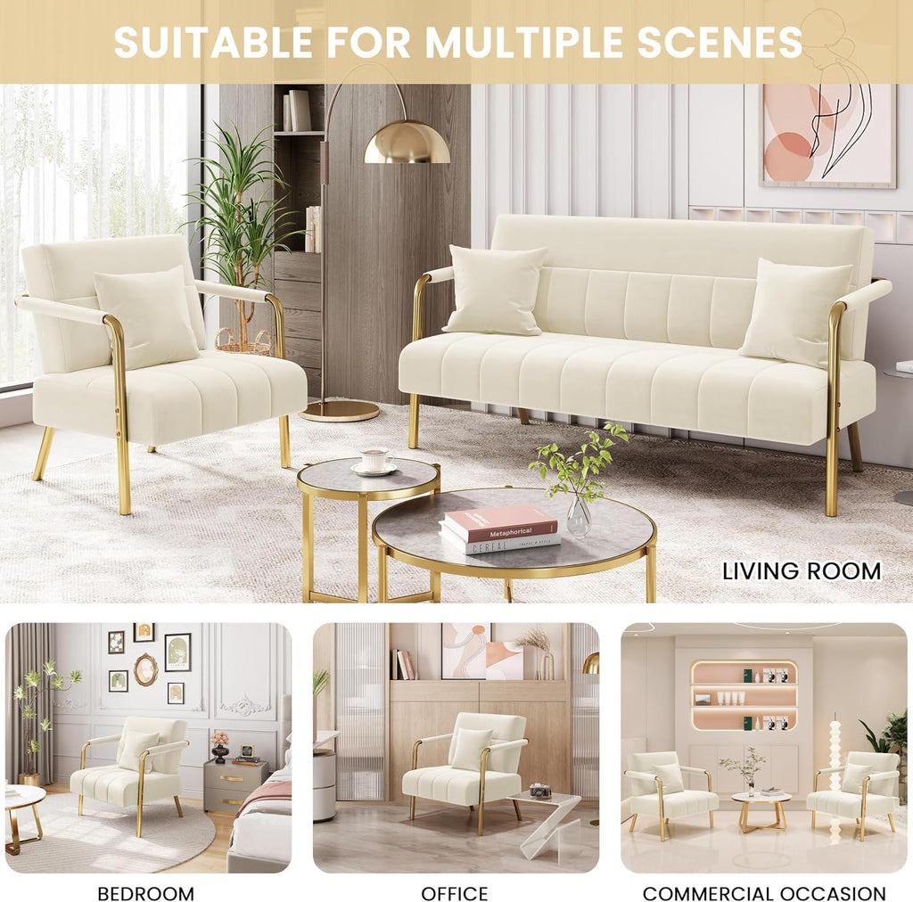 Yaheetech 30' W Modern Sofa Small Sofa Luxurious Velvet Fabric Couch with Gold-Tone Metal Arms and Legs for Living Room, Home Office, Studio Beige