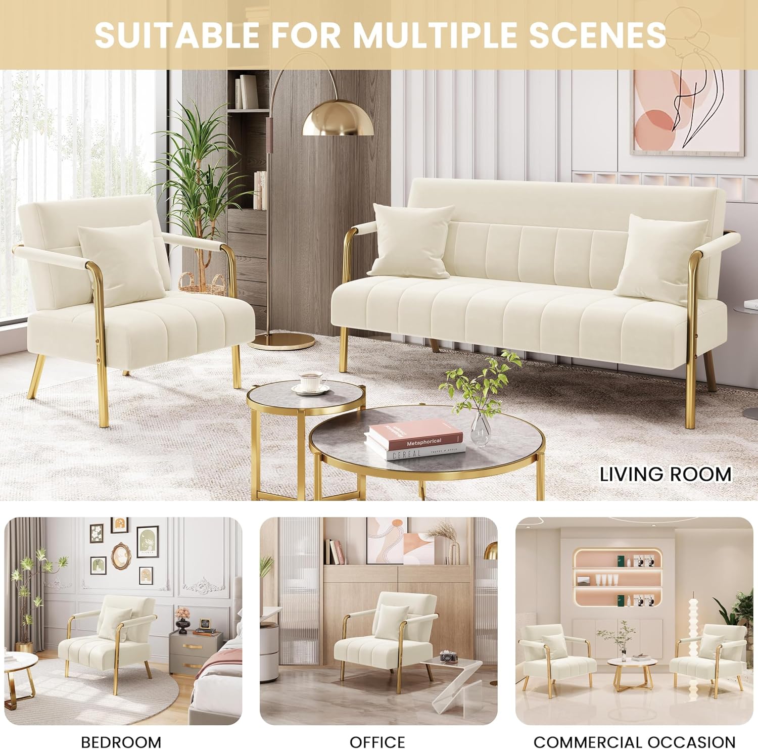 Yaheetech 30' W Modern Sofa Small Sofa Luxurious Velvet Fabric Couch with Gold-Tone Metal Arms and Legs for Living Room, Home Office, Studio Beige