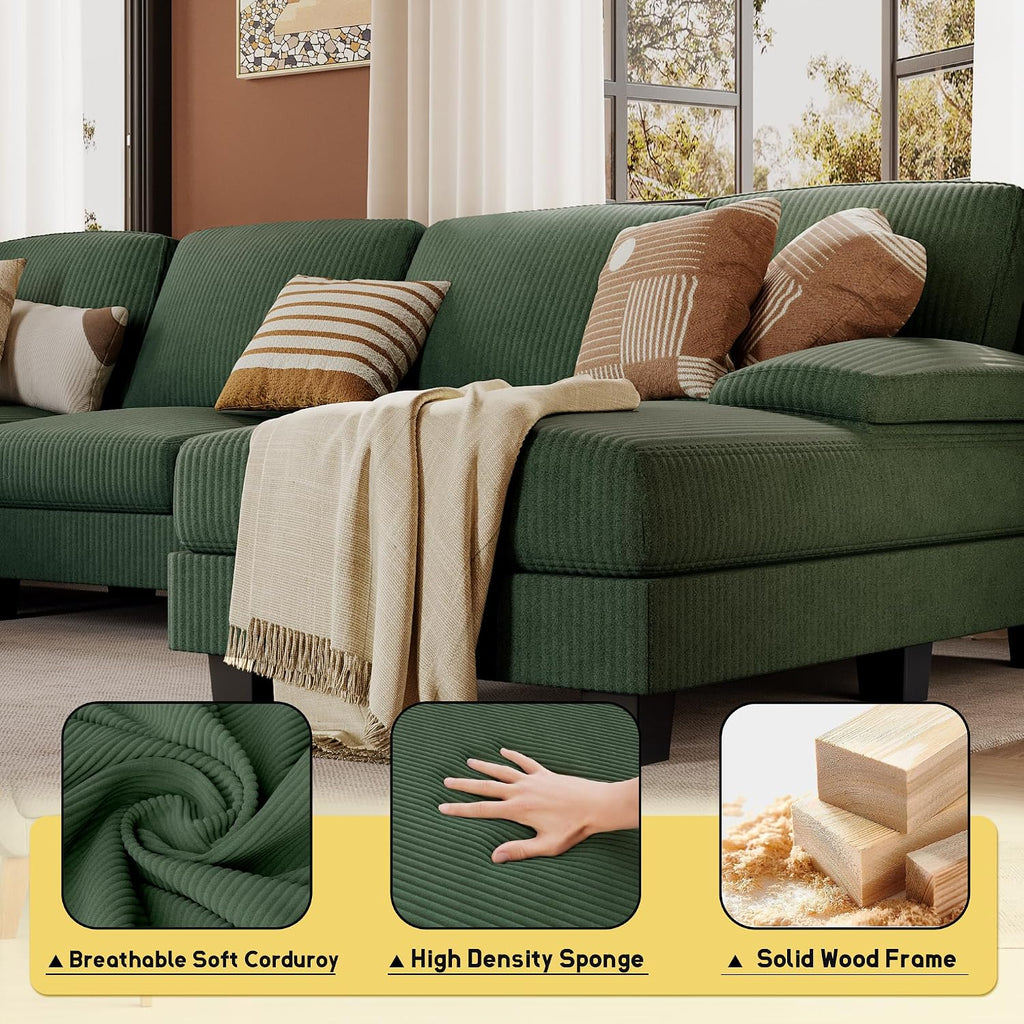 JUMMICO Sectional Couches for Living Room, U Shaped Couch with Chenille Fabric, 4 Seat Modern Sofa with Removable Pillows for Apartment and Small Space (Corduroy, Light Green)