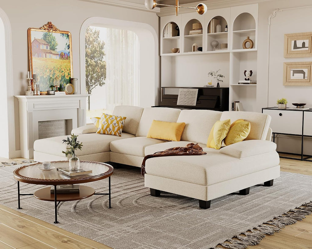 Furmax Sectional Couches for Living Room, U-Shaped Sofa Couch with Linen Fabric, 4 Seat Sofa Set with Double Chaise for Apartment (Fabric, White)