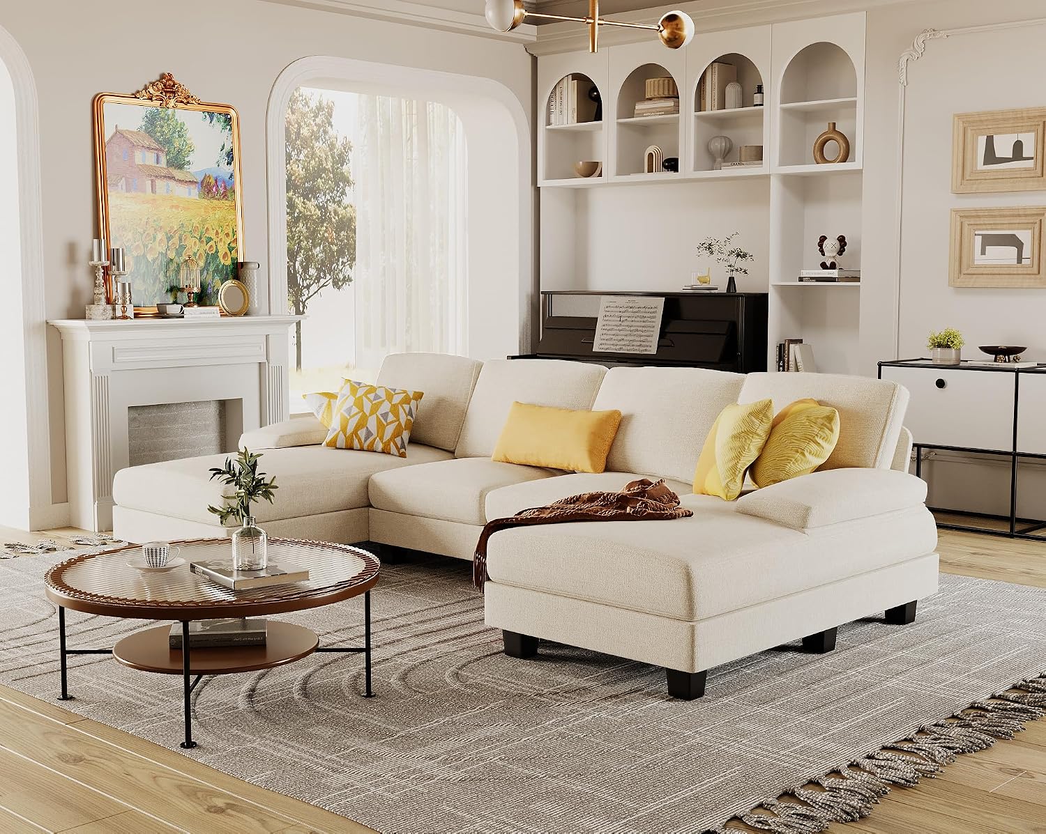 Furmax Sectional Couches for Living Room, U-Shaped Sofa Couch with Linen Fabric, 4 Seat Sofa Set with Double Chaise for Apartment (Fabric, White)