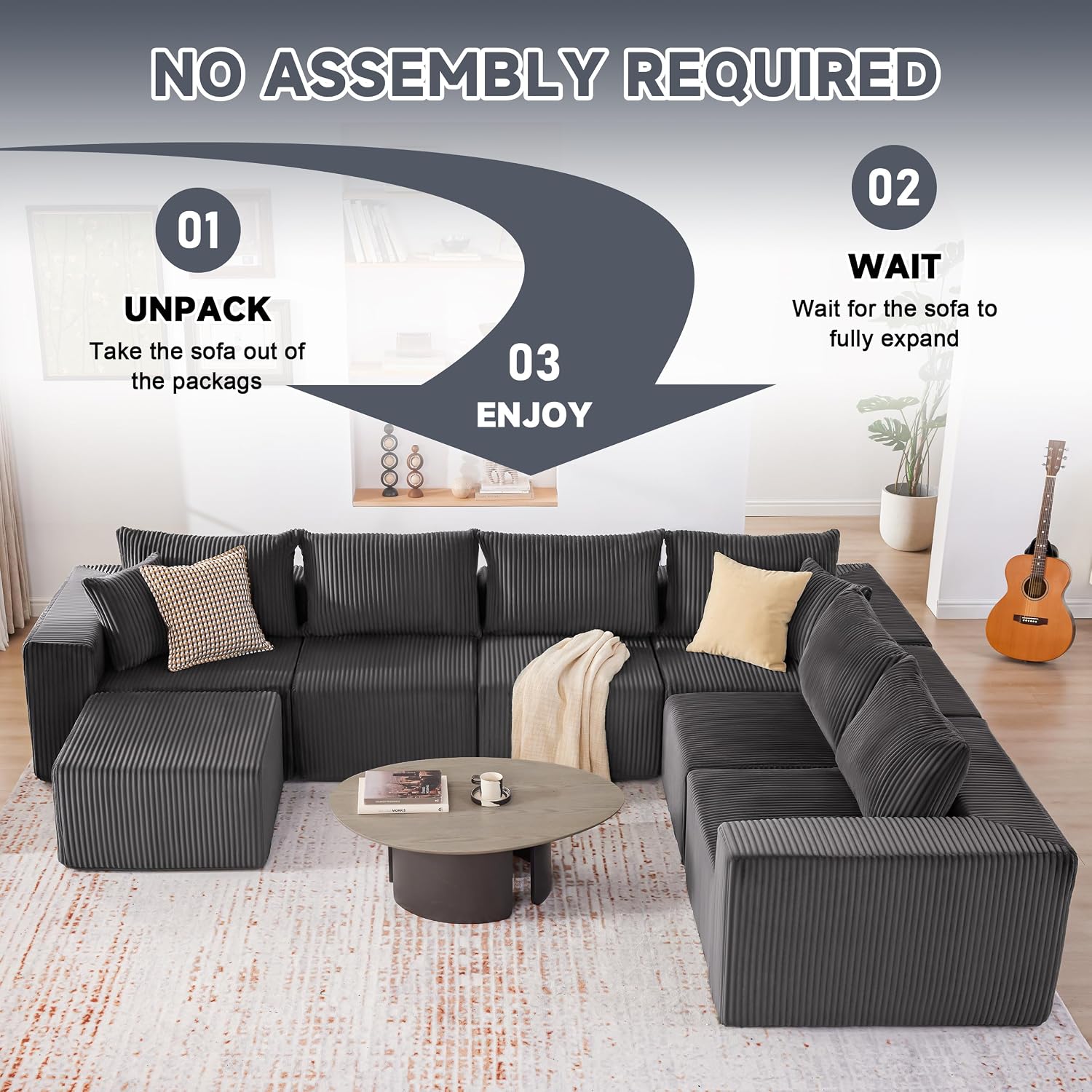 Cloud Couch Sectional, Modular Sofa with Deep Seat, Convertible Sectional Couches for Living Room, Plush Corduroy U Shaped Boneless Couch (Darkgrey, 6 Seater & 1 Ottoman)