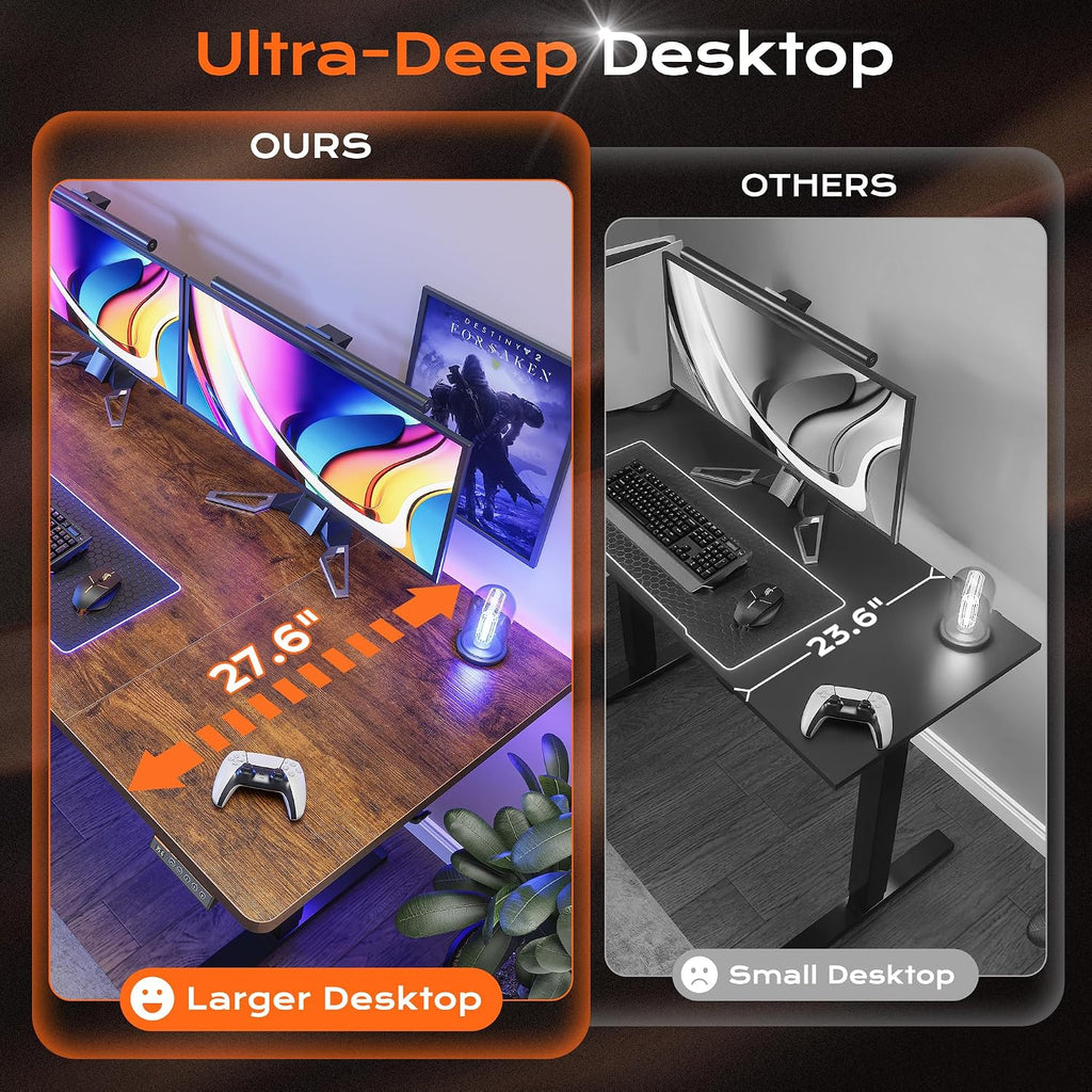 Huuger 63 x 28 Large Electric Standing Desk, Height Adjustable Computer Desk, 27.6' Deep Desktop, Stand up Gaming Office Table with 2 Hooks, 3 Preset Heights, for Home Office, Rustic Brown