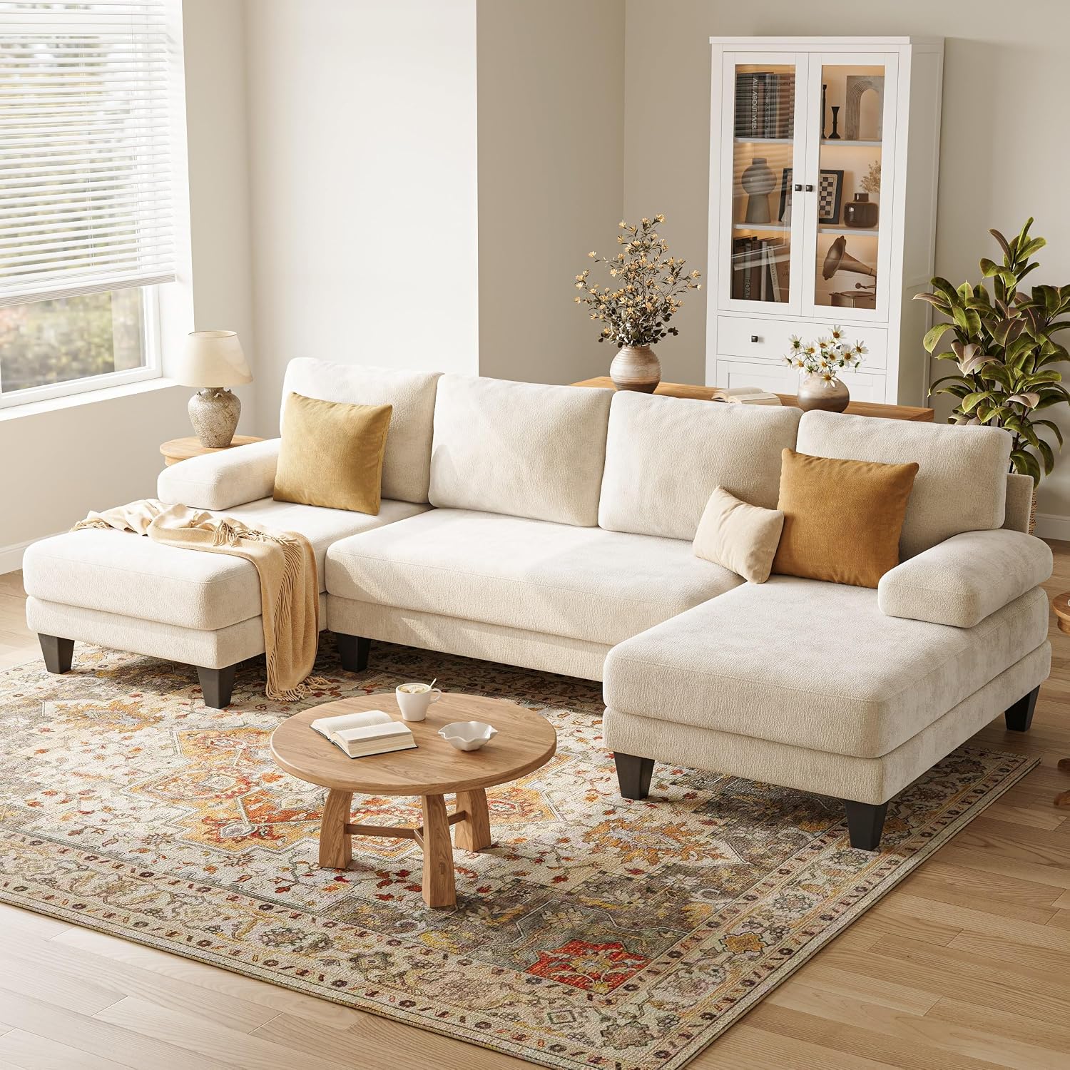 U-Shaped Sectional Couches for Living Room | Chenille Sofa with Double Chaise |112 Inch Beige Sectionals Couch for Apartment