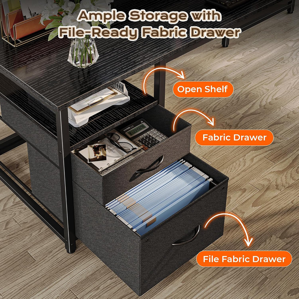 PRAISUN 55 Inch L Shaped Desk with Power Outlets and USB-C Port, Computer Corner Home Office Desk with File Fabric Drawers and Movable Monitor Stand, Larger Storage for Gaming, Work, Black